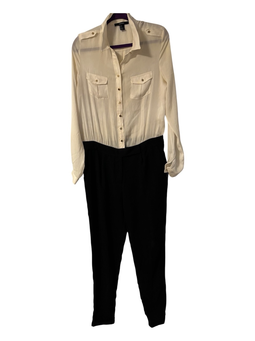 Forever 21 Long Sleeve & Leg Jumpsuit Black White Collared Office Romper Medium